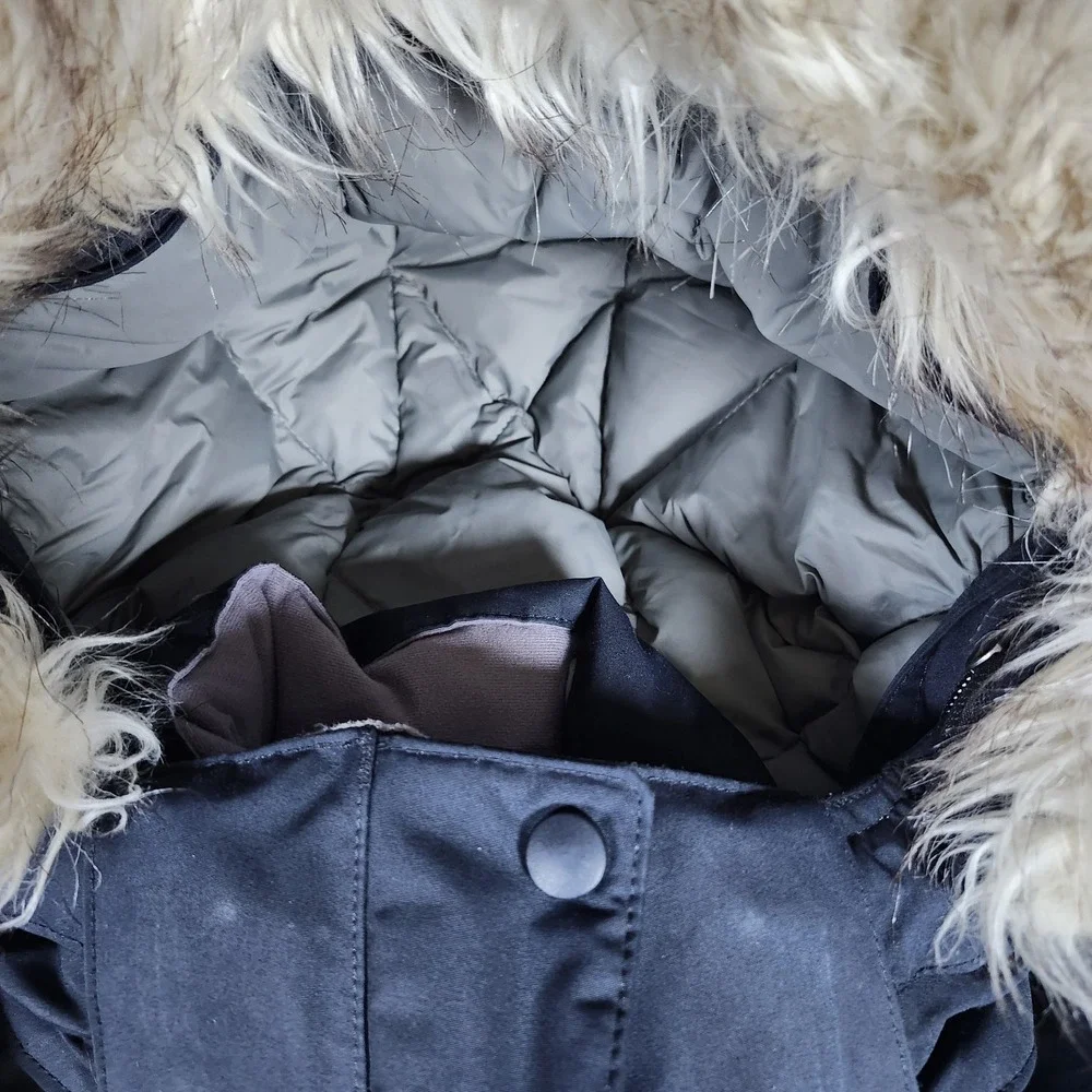 LL Bean Baxter State Parka Jacket Womens Medium Blue Hooded Faux Fur Trim Winter